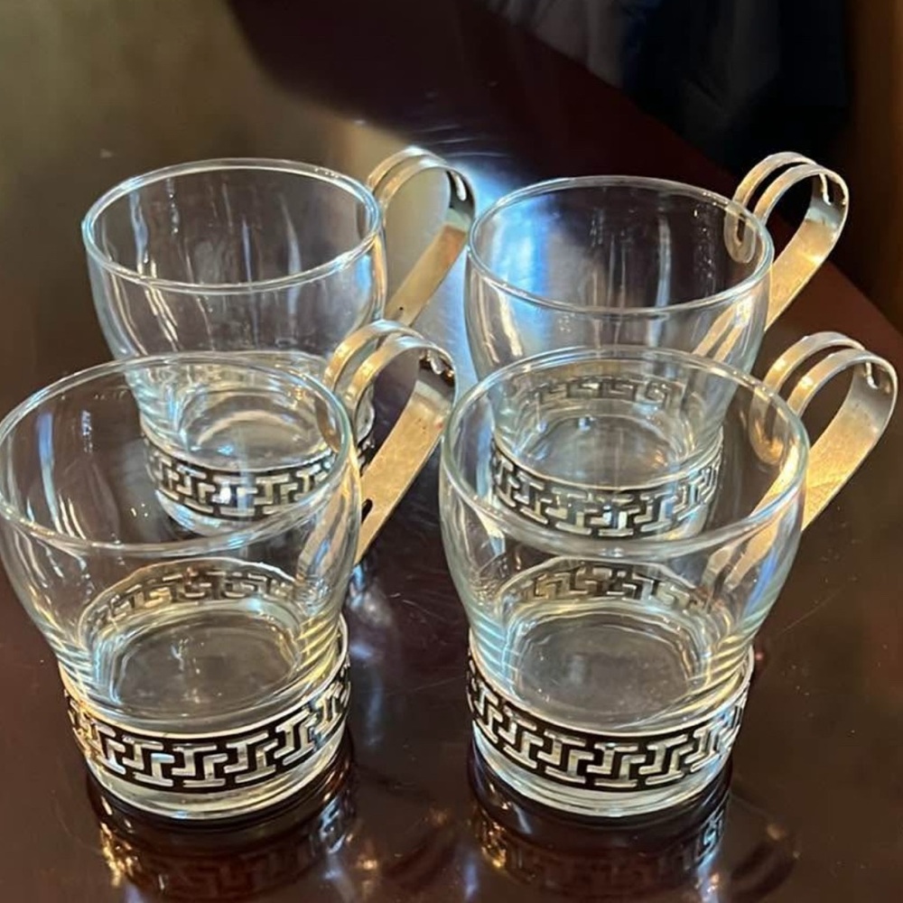 VINTAGE Elegant Silver Glass Tea Cups Set